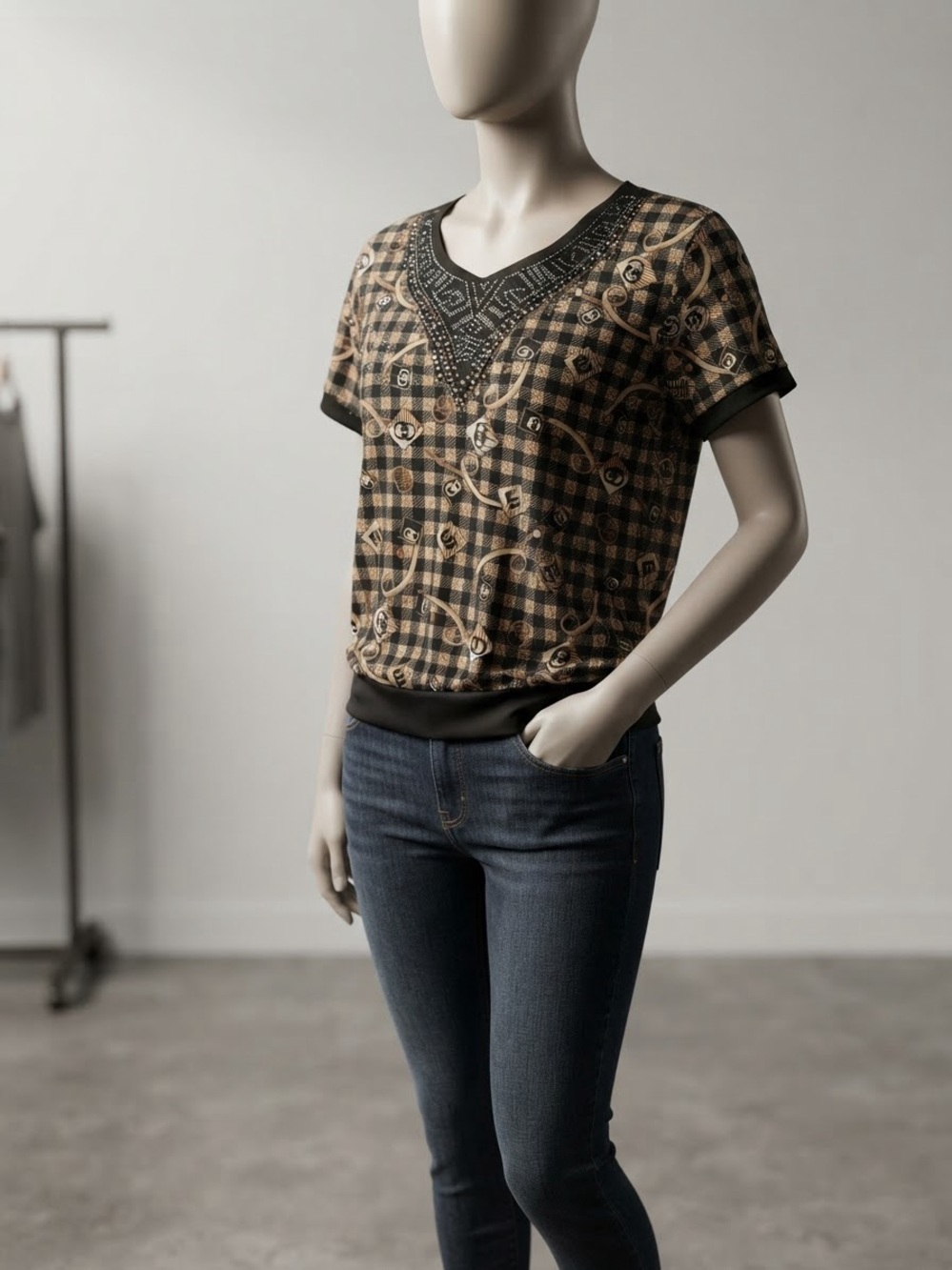 Rinestone Studded Mock Designer Banded HemTop FLAWED sz M